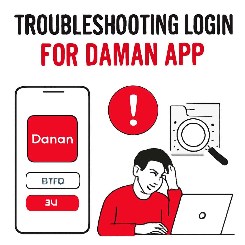 An illustration depicting steps to troubleshoot Daman App login issues.